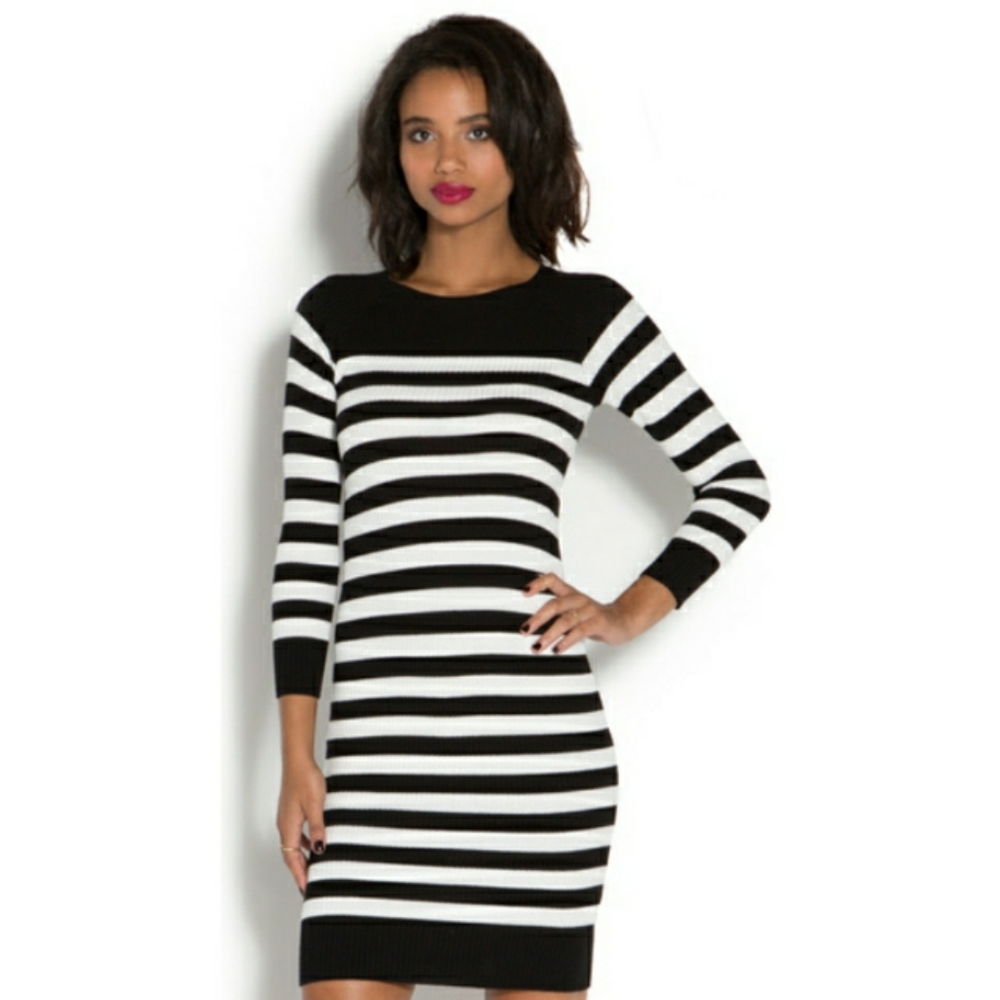 JUSTFAB Crewneck Black & White Striped Ribbed Knit Sweater Dress Size XL